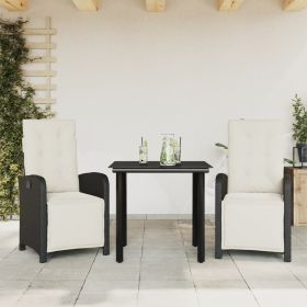 3 Piece Bistro Set with Cushions Black Poly Rattan